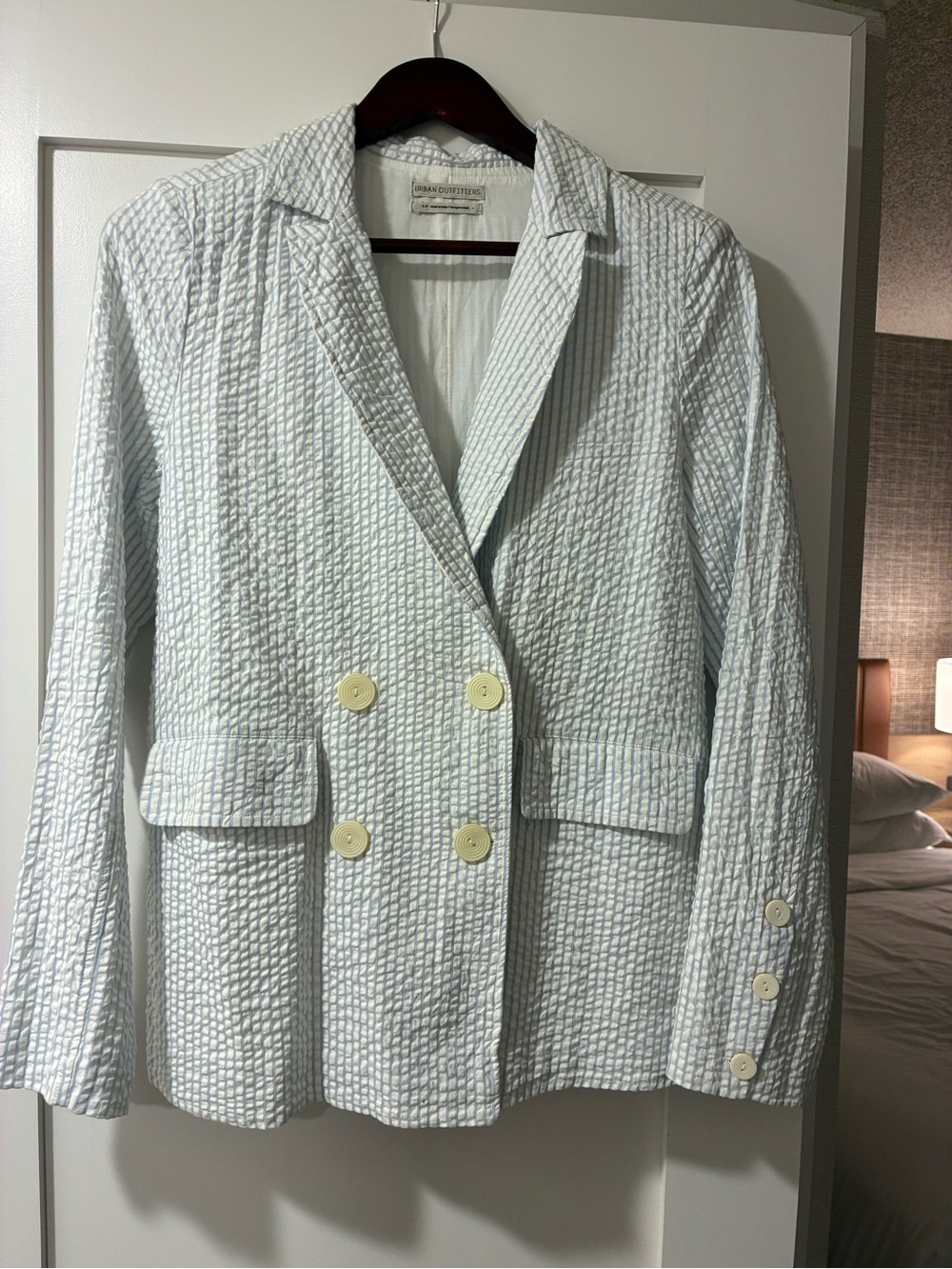 Urban Outfitters Pale Blue Seersucker Double-Breasted Blazer
